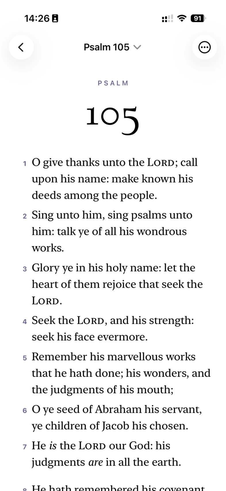 Psalm 105 in the King James Version built into the app, a verse to a line, with the LORD in small capitals.